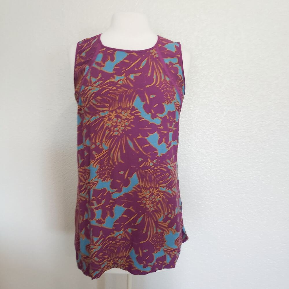 Cabi Purple Palm Print Sleeveless Blouse Size M